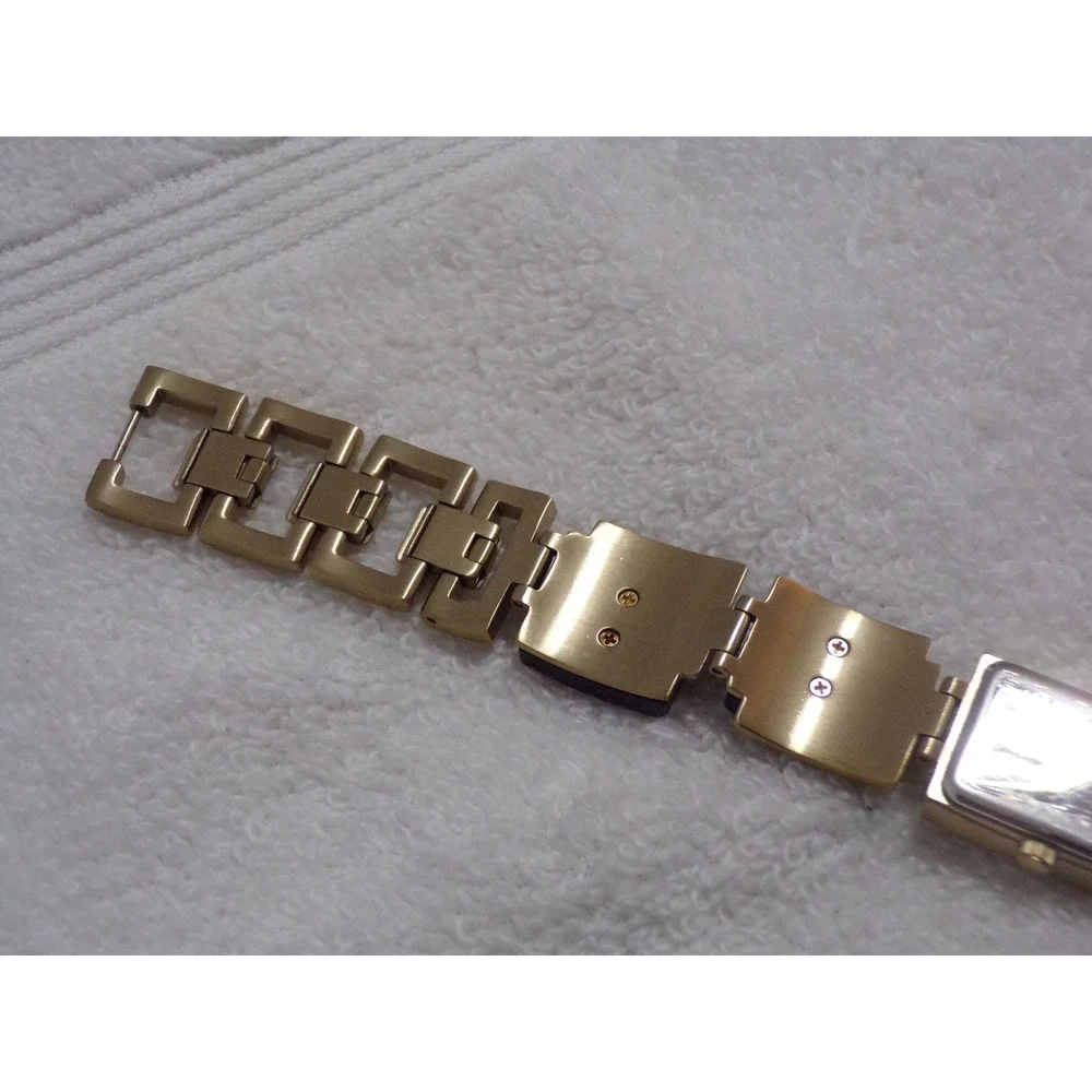 Fossil Womens Gold Tone Wood Inlay Link Bracelet‎ Rectangular Black Dial Watch